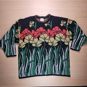 Nutcracker Poinsettia Christmas Sweater Size 1X Black‎ Floral Grass Lurex Women